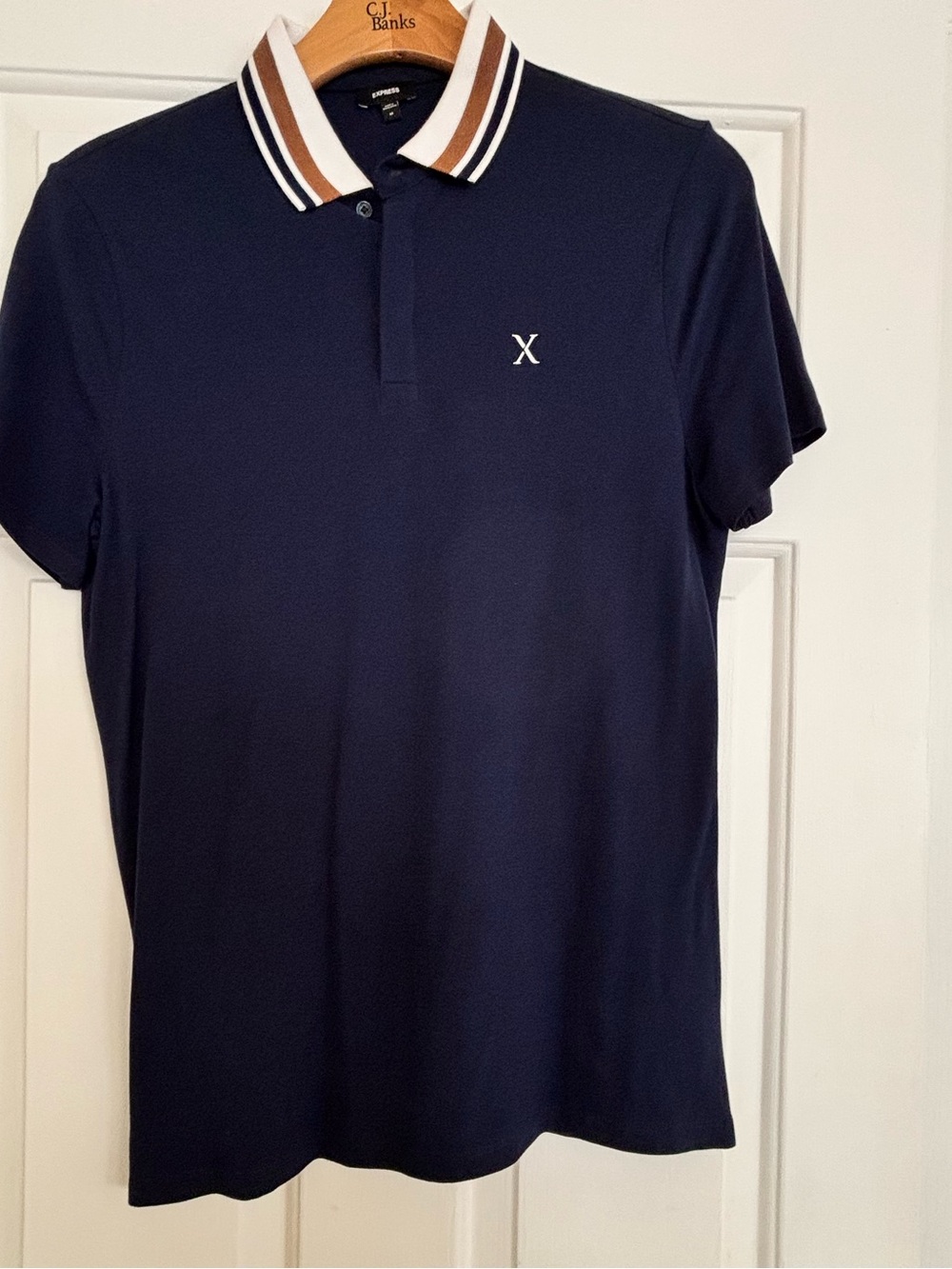 Express Banks Navy Polo with Striped Tan & White Collar